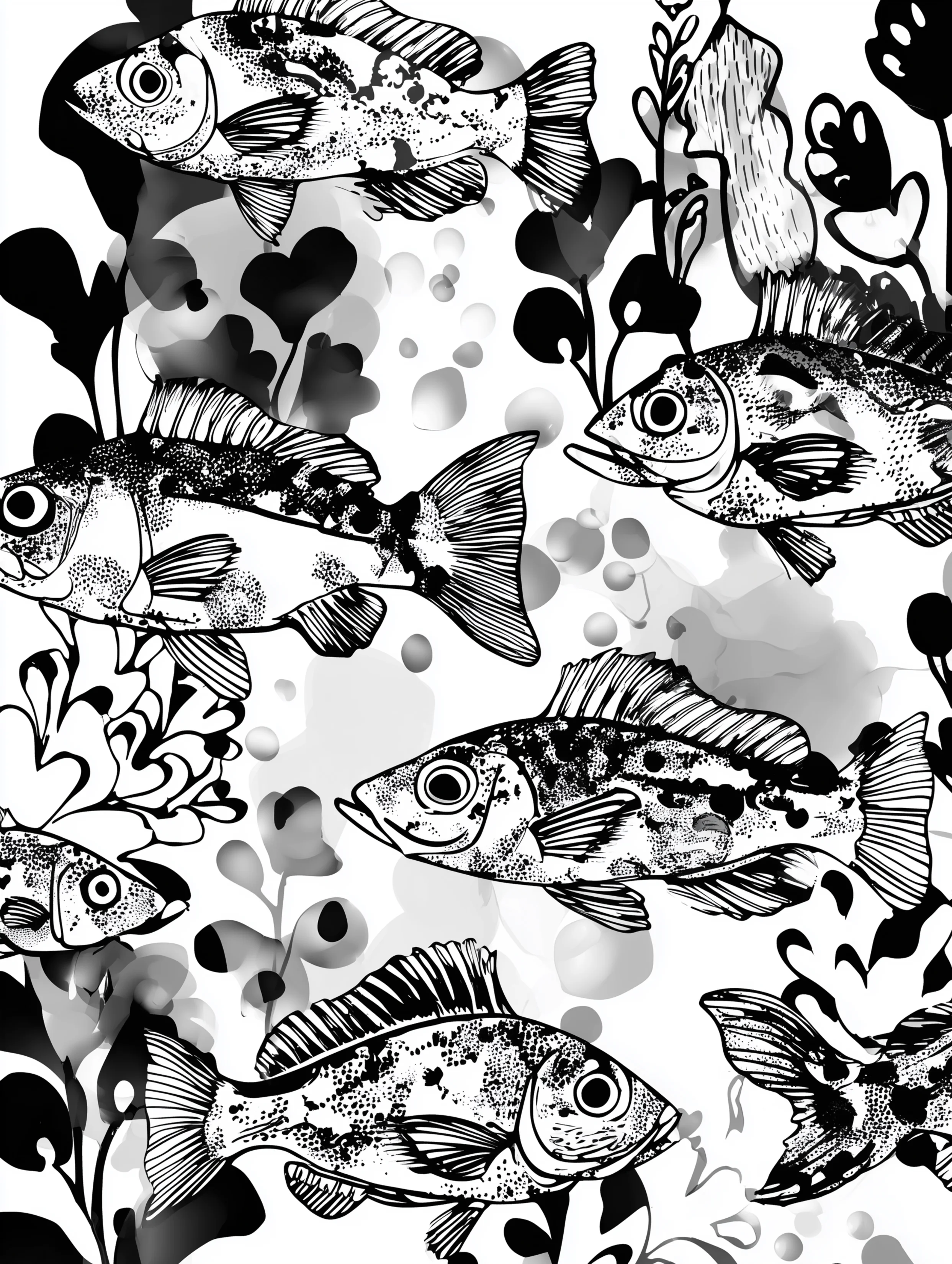 Free printable underwater coloring page for adults featuring high fin fish swimming together